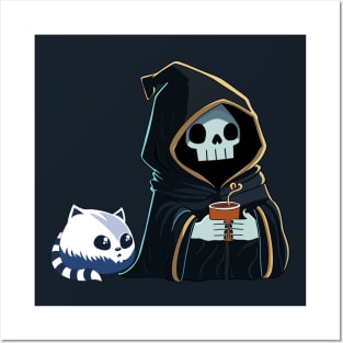 Cute Grim Reaper with Cat Having Coffee Posters and Art